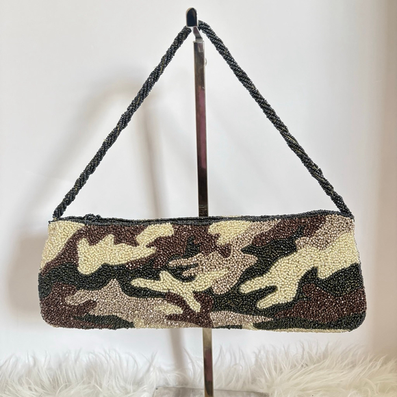 Moyna Handbags - Women's Moyna Vintage Camo Fully Beaded Clutch Wristlet, One Size, Brown/Beige